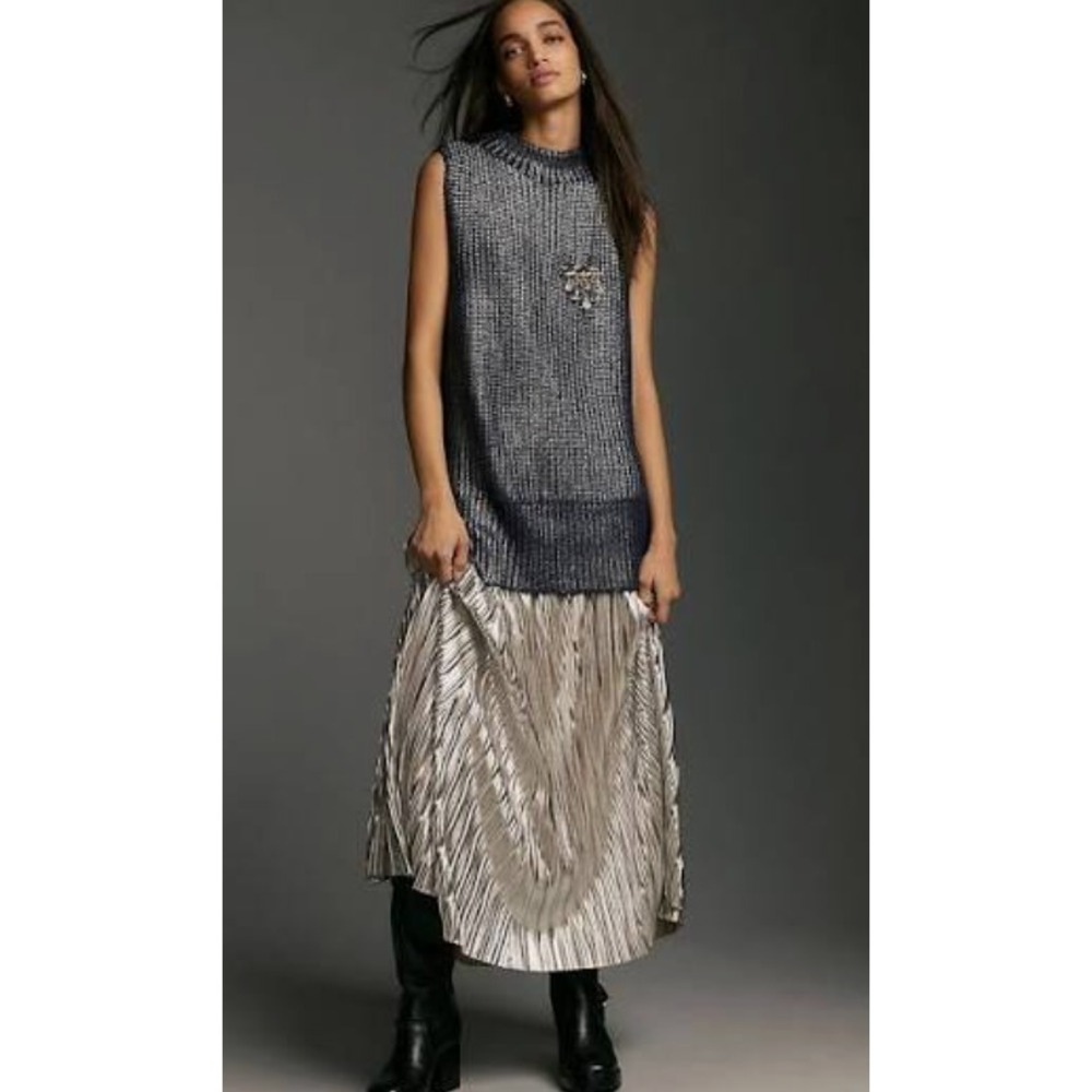 Anthropologie Pilcro Women Oversized Foil Tunic Sweater Vest Size M Navy Silver - Picture 2 of 10